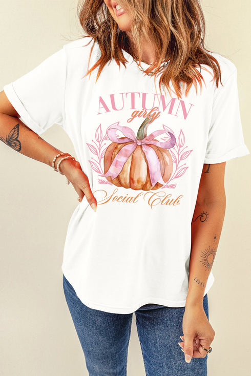 Bowknot Pumpkin Graphic Print Crew Neck T Shirt
