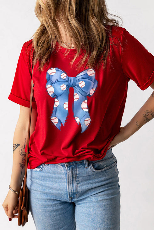 Bowknot Rugby Graphic Print Crew Neck Casual Tee
