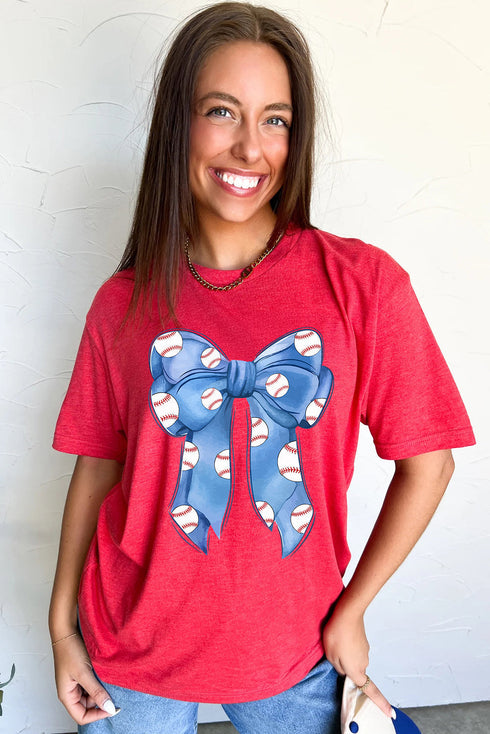 Bowknot Rugby Graphic Print Crew Neck Casual Tee