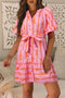 Bowknot Striped Printed Bubble Sleeve Buttoned Belted Mini Dress