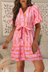 Bowknot Striped Printed Bubble Sleeve Buttoned Belted Mini Dress