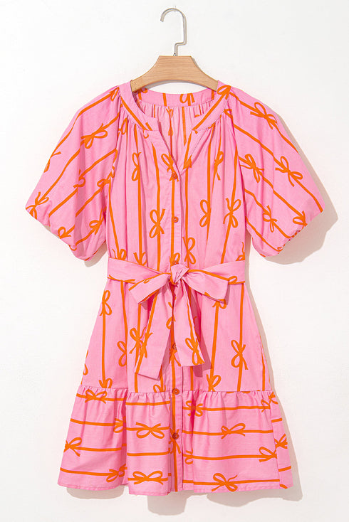 Bowknot Striped Printed Bubble Sleeve Buttoned Belted Mini Dress