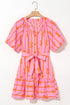 Bowknot Striped Printed Bubble Sleeve Buttoned Belted Mini Dress