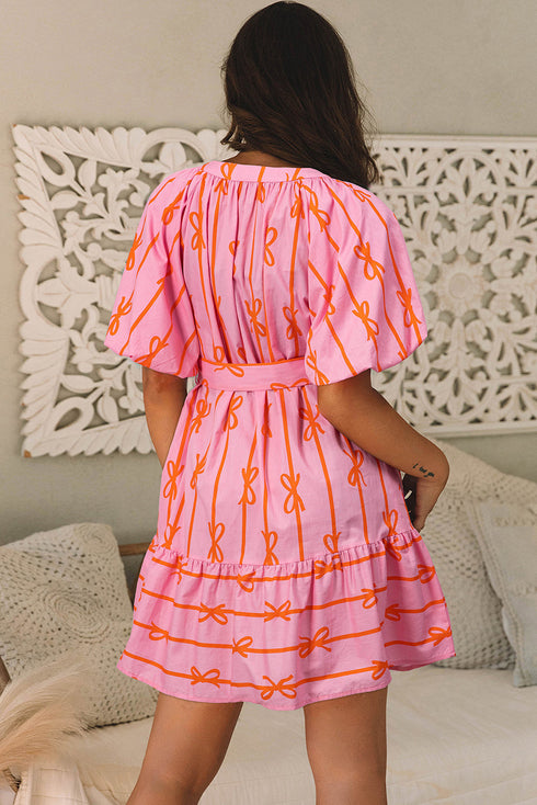 Bowknot Striped Printed Bubble Sleeve Buttoned Belted Mini Dress