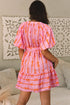 Bowknot Striped Printed Bubble Sleeve Buttoned Belted Mini Dress