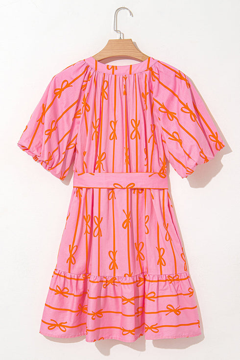 Bowknot Striped Printed Bubble Sleeve Buttoned Belted Mini Dress