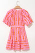 Bowknot Striped Printed Bubble Sleeve Buttoned Belted Mini Dress