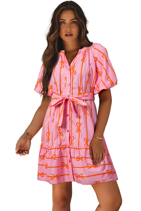 Bowknot Striped Printed Bubble Sleeve Buttoned Belted Mini Dress