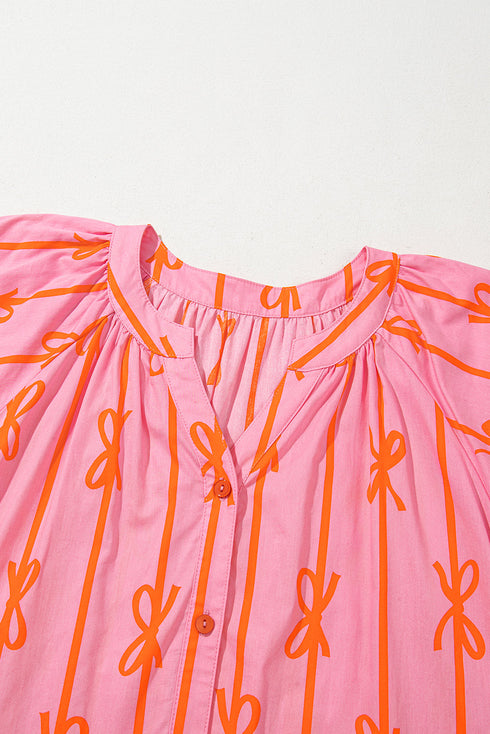 Bowknot Striped Printed Bubble Sleeve Buttoned Belted Mini Dress