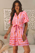 Bowknot Striped Printed Bubble Sleeve Buttoned Belted Mini Dress