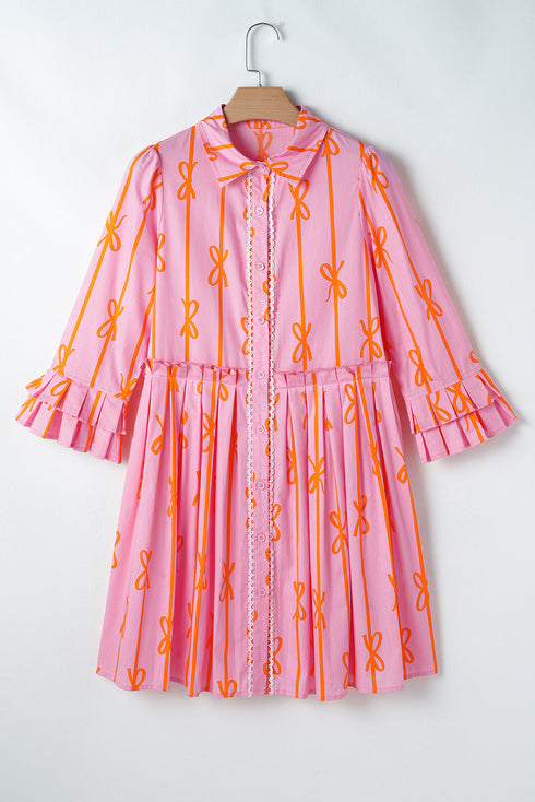 Bowknot Striped Printed Tiered Ruffled Mini Shirt Dress