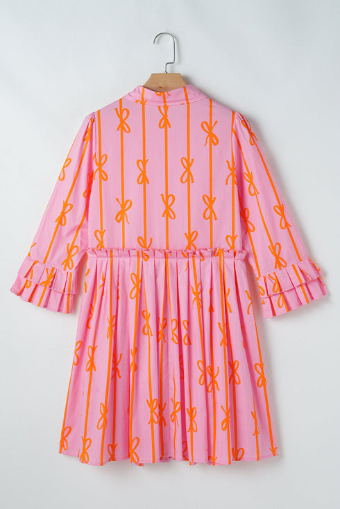 Bowknot Striped Printed Tiered Ruffled Mini Shirt Dress
