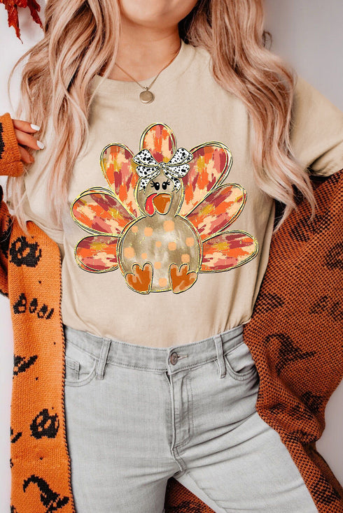 Bowknot Turkey Graphic Print Short Sleeve Tee