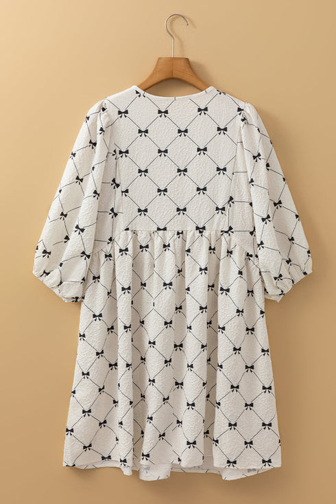 Bowtie Pattern Textu Puff Half Sleeve Loose Mini Dress