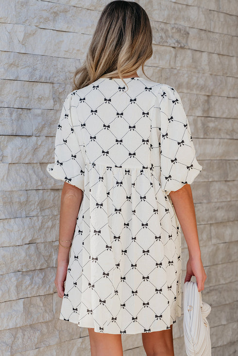Bowtie Pattern Textu Puff Half Sleeve Loose Mini Dress