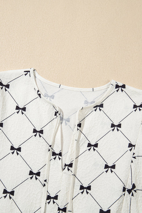 Bowtie Pattern Textu Puff Half Sleeve Loose Mini Dress