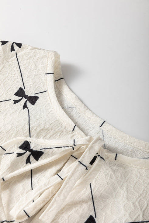 Bowtie Pattern Textu Puff Half Sleeve Loose Mini Dress