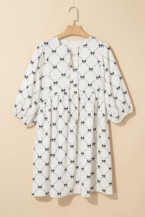 Bowtie Pattern Textu Puff Half Sleeve Loose Mini Dress