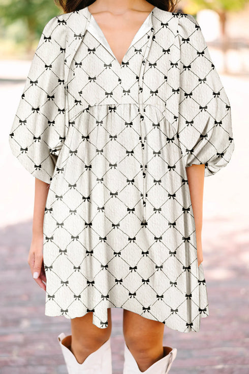 Bowtie Pattern Textu Puff Half Sleeve Loose Mini Dress