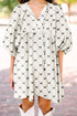 Bowtie Pattern Textu Puff Half Sleeve Loose Mini Dress