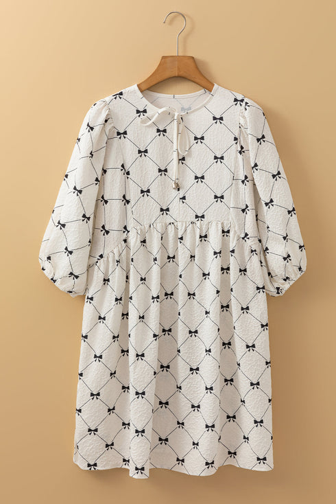 Bowtie Pattern Textu Puff Half Sleeve Loose Mini Dress