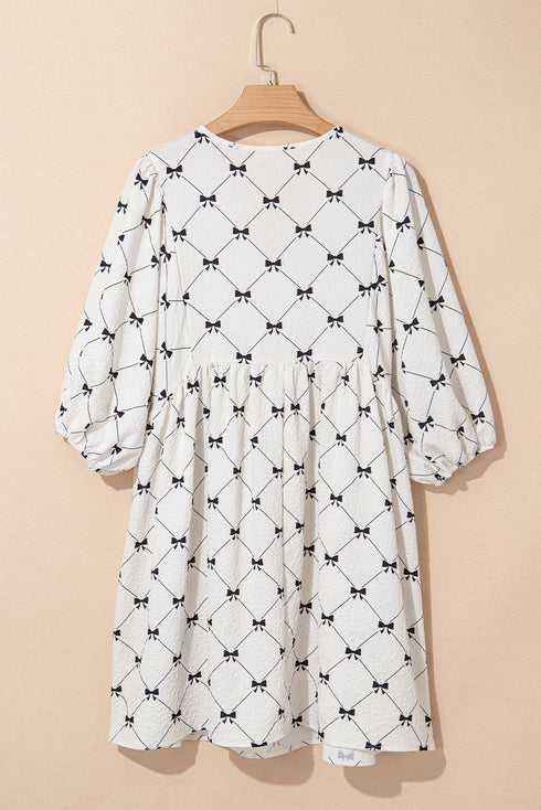 Bowtie Pattern Textu Puff Half Sleeve Loose Mini Dress