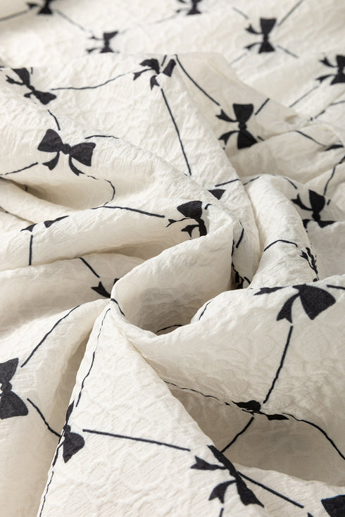 Bowtie Pattern Textu Puff Half Sleeve Loose Mini Dress