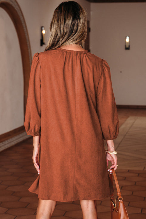 Bracelet Sleeve Scallop Detail Pleated Corduroy Mini Dress