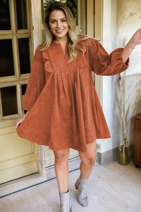 Bracelet Sleeve Scallop Detail Pleated Corduroy Mini Dress