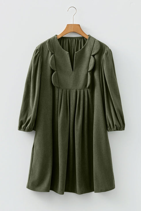 Bracelet Sleeve Scallop Detail Pleated Corduroy Mini Dress