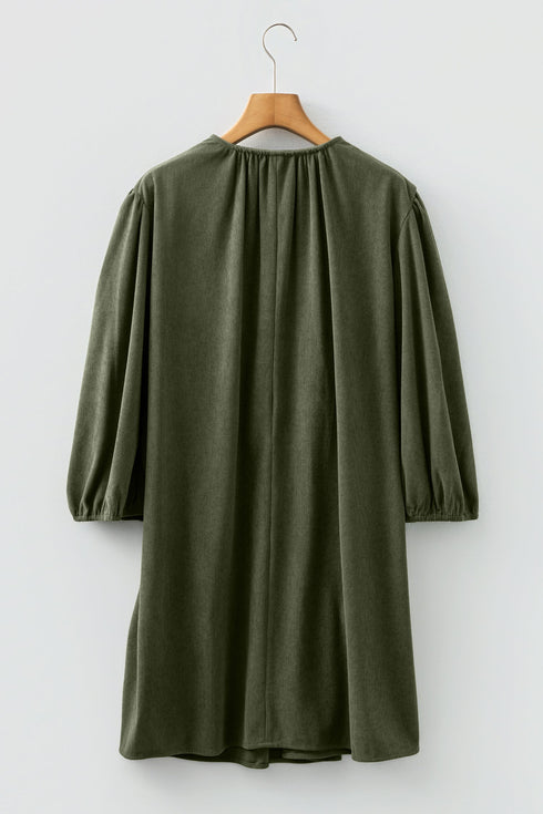 Bracelet Sleeve Scallop Detail Pleated Corduroy Mini Dress