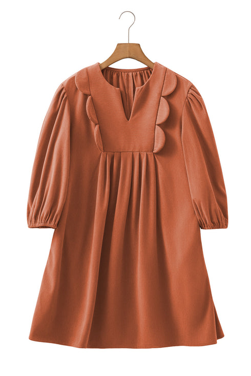 Bracelet Sleeve Scallop Detail Pleated Corduroy Mini Dress