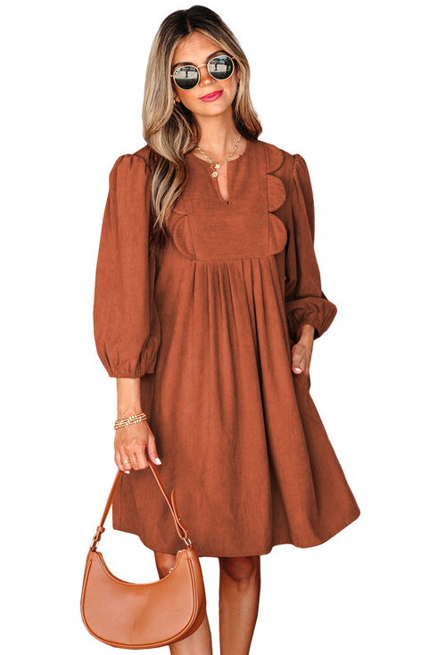 Bracelet Sleeve Scallop Detail Pleated Corduroy Mini Dress