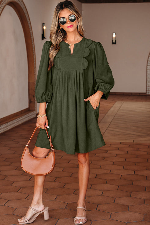 Bracelet Sleeve Scallop Detail Pleated Corduroy Mini Dress