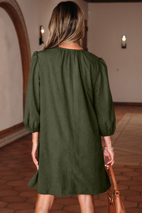 Bracelet Sleeve Scallop Detail Pleated Corduroy Mini Dress