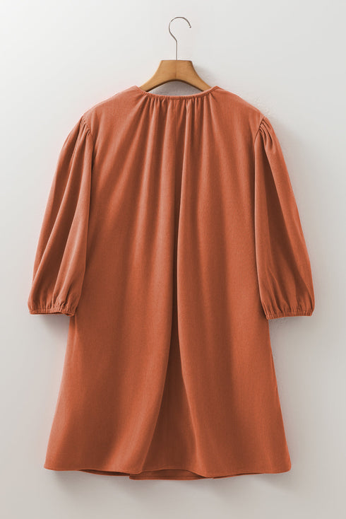 Bracelet Sleeve Scallop Detail Pleated Corduroy Mini Dress