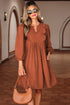 Bracelet Sleeve Split Neck Scallop Detail Pleated Corduroy Mini Dress