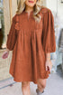 Bracelet Sleeve Split Neck Scallop Detail Pleated Corduroy Mini Dress