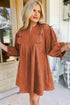 Bracelet Sleeve Split Neck Scallop Detail Pleated Corduroy Mini Dress