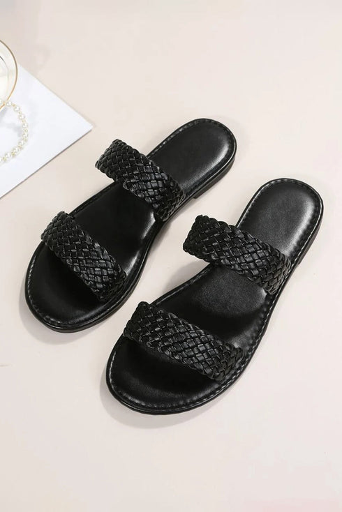Braided Double Strap Faux Leather Flat Slides