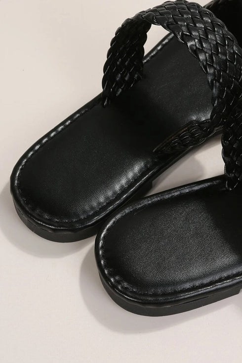 Braided Double Strap Faux Leather Flat Slides