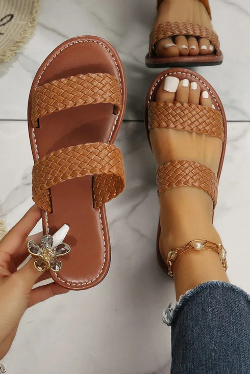Braided Double Strap Faux Leather Flat Slides
