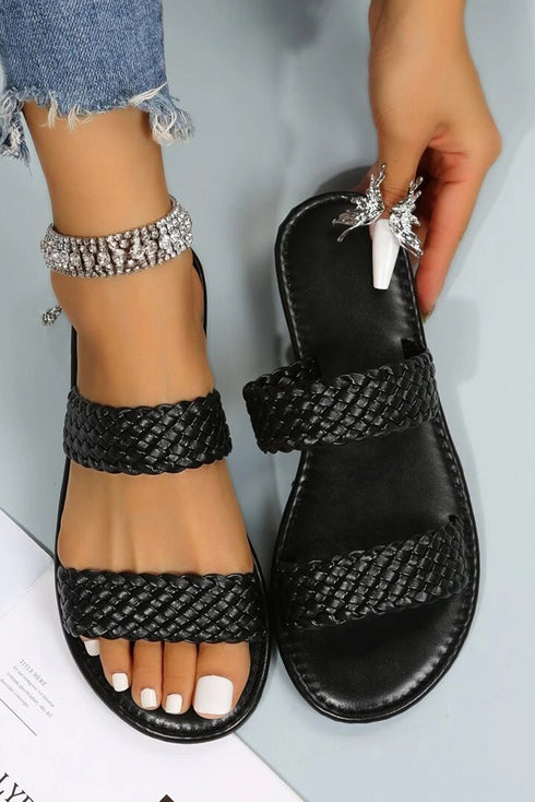 Braided Double Strap Faux Leather Flat Slides