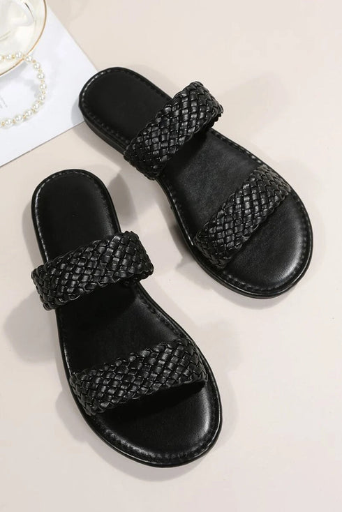 Braided Double Strap Faux Leather Flat Slides