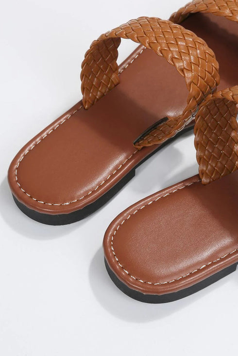 Braided Double Strap Faux Leather Flat Slides