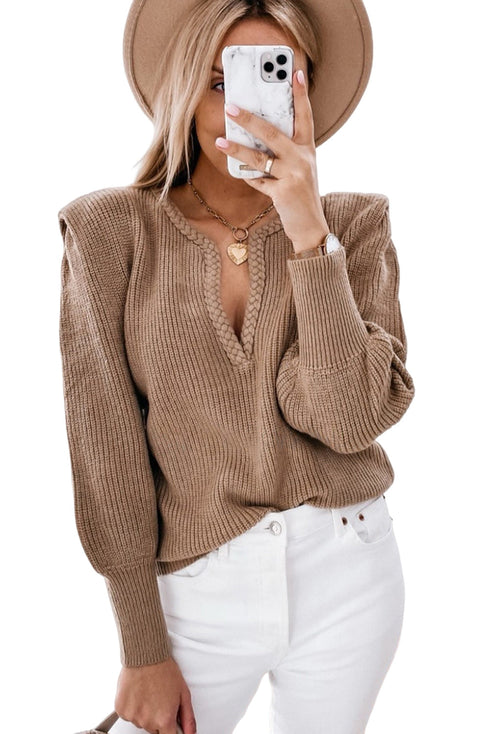 Braided Notched V Neckline Puff Sleeve Knitted Sweater