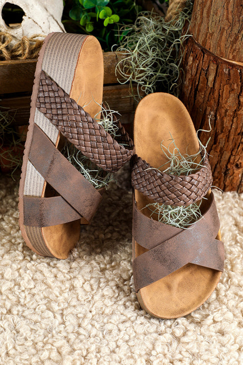 Braided Strap Criss Cross Platform Slide Slippers