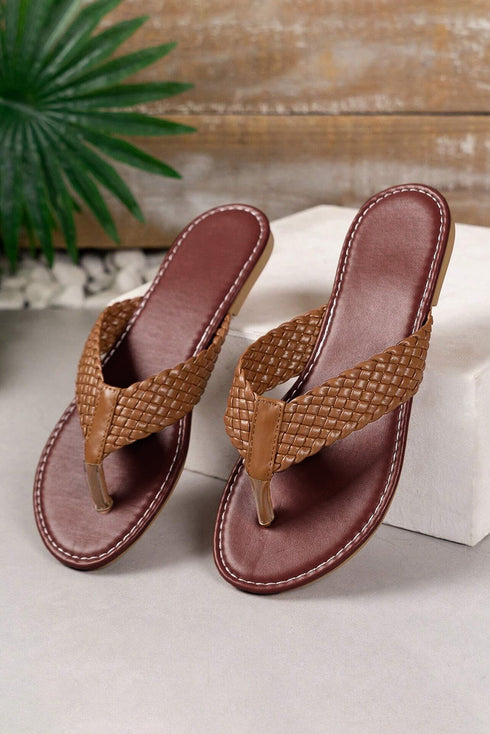Braided Strap Faux Leather Square Toe Flat Slides