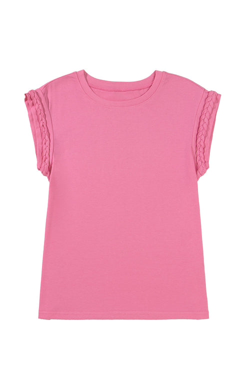 Braided Trim Cap Sleeve Crew Neck Jersey Top