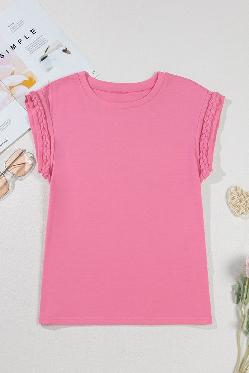 Braided Trim Cap Sleeve Crew Neck Jersey Top